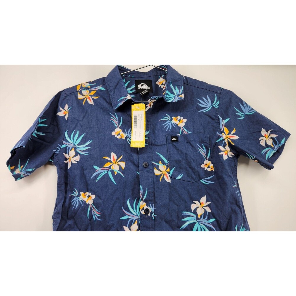 Quiksilver Boys Medium Navy‎ Blue Floral Short Sleeve Poplin Shirt NWT - Picture 2 of 10